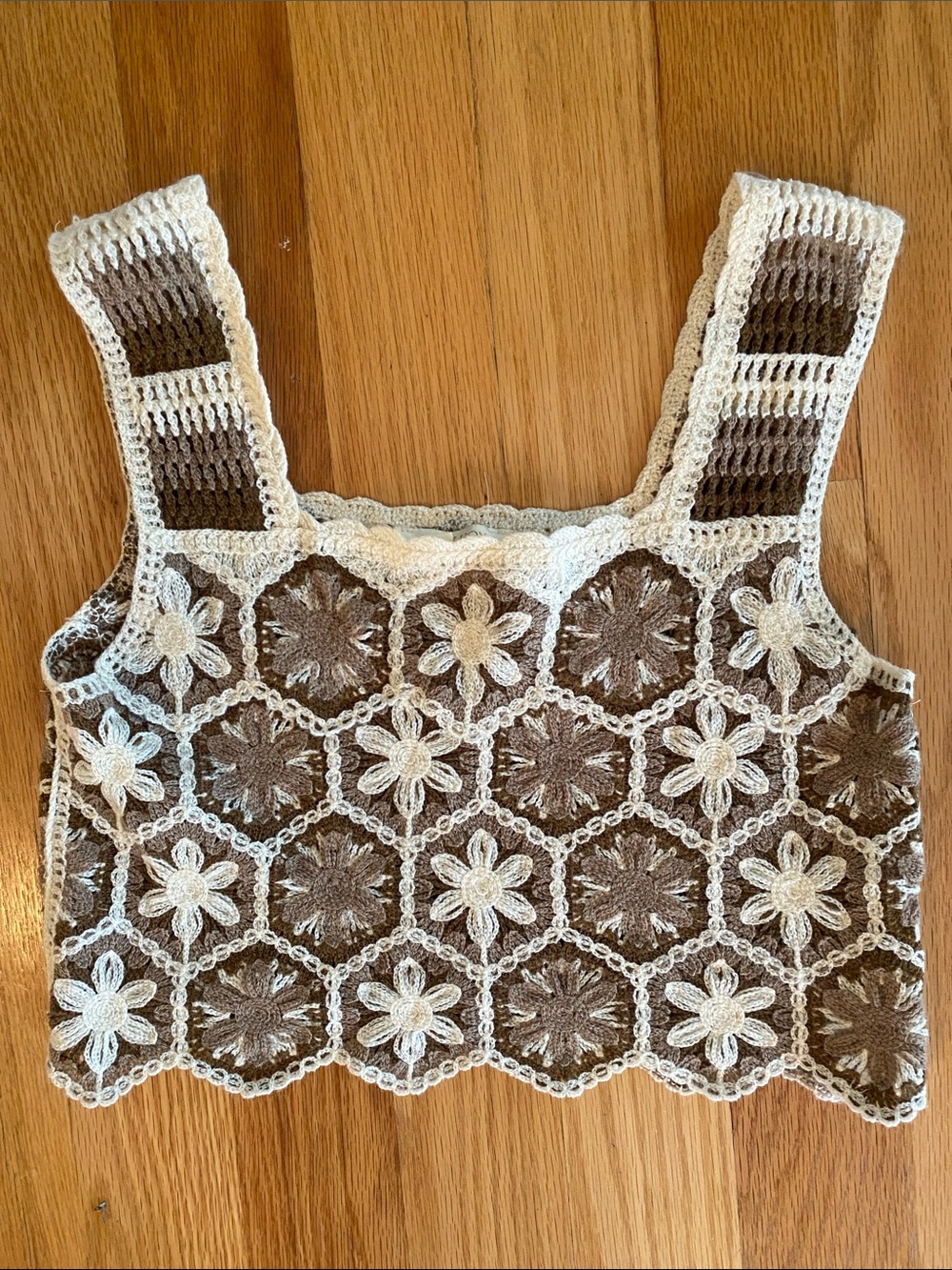 Rebellion Crocheted Floral Crop Tank in Cream and Brown